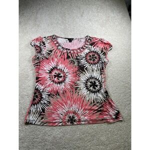 East 5th Shirt Womens XL Pink‎ Black Floral Burst Short Sleeve Stretch Top
